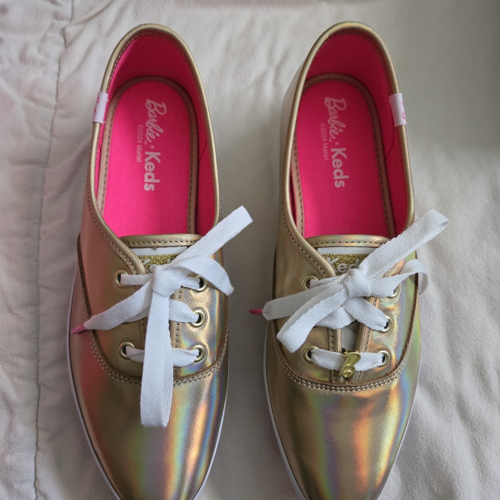 Barbie x Keds Gold Iridescent Lace-Up Sneakers with Hot Pink Insole